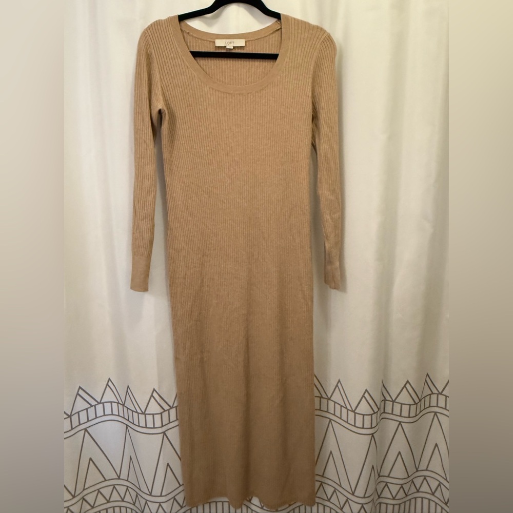 LOFT Tan Long Sleeve Ribbed Dress
